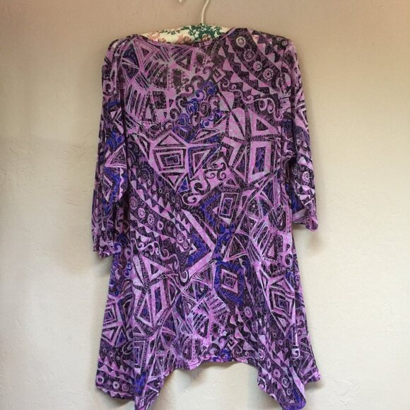 Tianello Women 3/4 Sleeve Tunic Top Large Lightweight Hanky Hem Geometric Purple - Picture 2 of 9